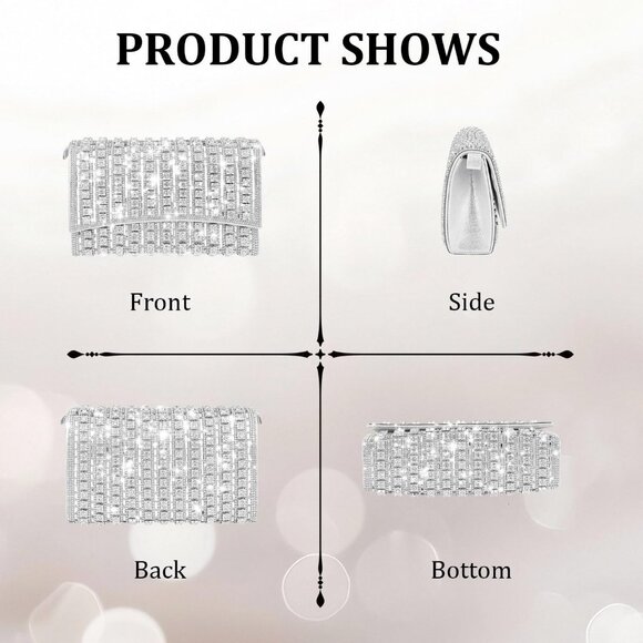 Silver Rhinestone Clutch Evening Crossbody Bag for Wedding & Party Cocktail Prom - Picture 5 of 7